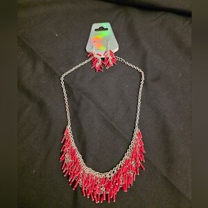 Red Bead and Silver-Tone chain fringe necklace,  with matching drop earrings